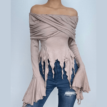 Ruffle long flared sleeve ruched off shoulder solid hoodie 2-way top
