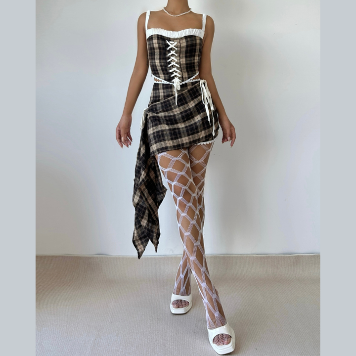 Plaid lace up zip-up cami top  | Festival Outfits Women-final-sale