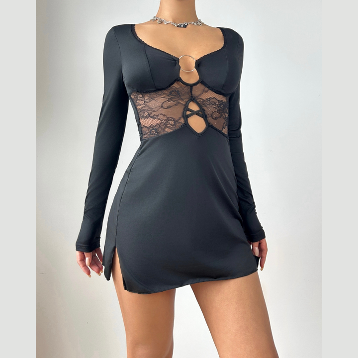 Hollow out o ring long sleeve lace cut out mini dress  | Festival Outfits Women-final-sale