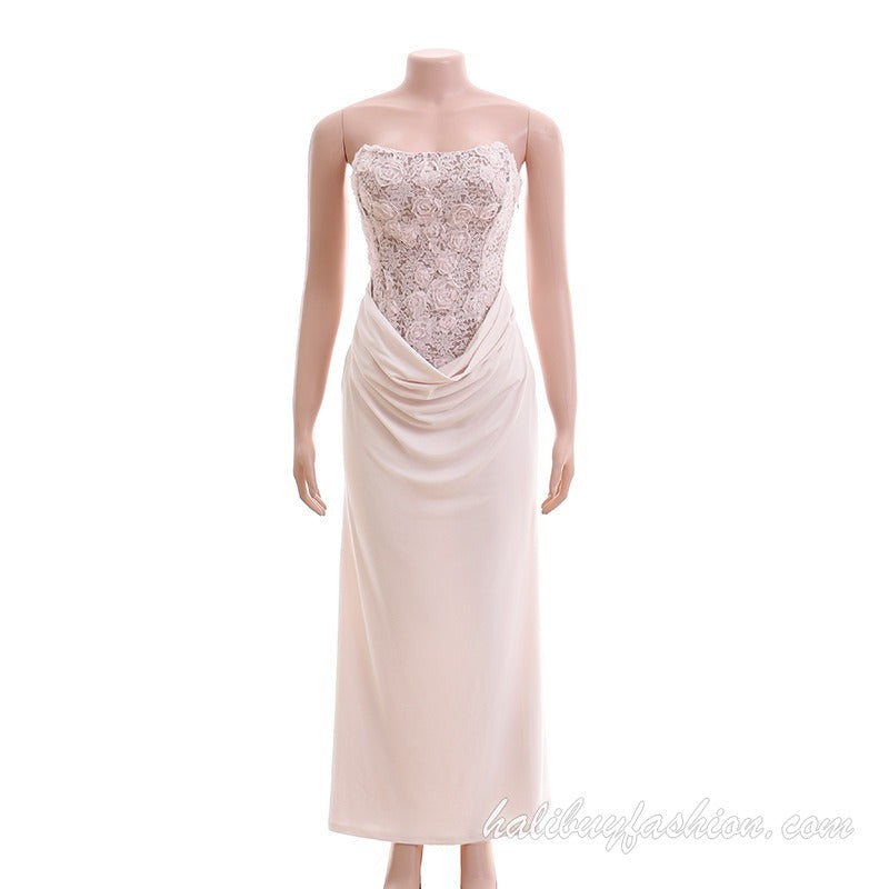 Patchwork lace ruched satin corset tube maxi dress - Halibuy - 13