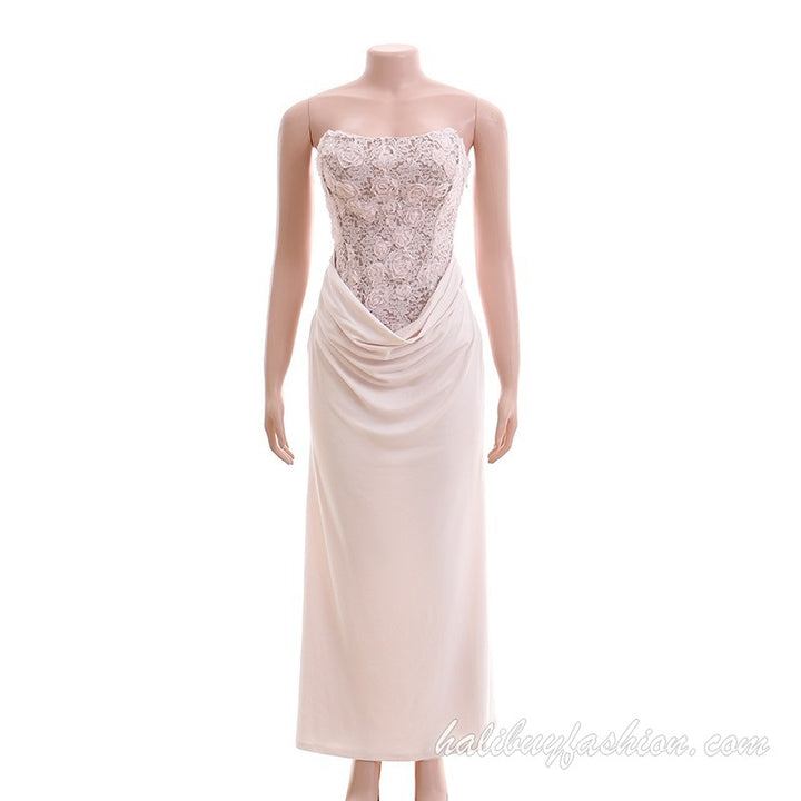 Patchwork lace ruched satin corset tube maxi dress - Halibuy - 13