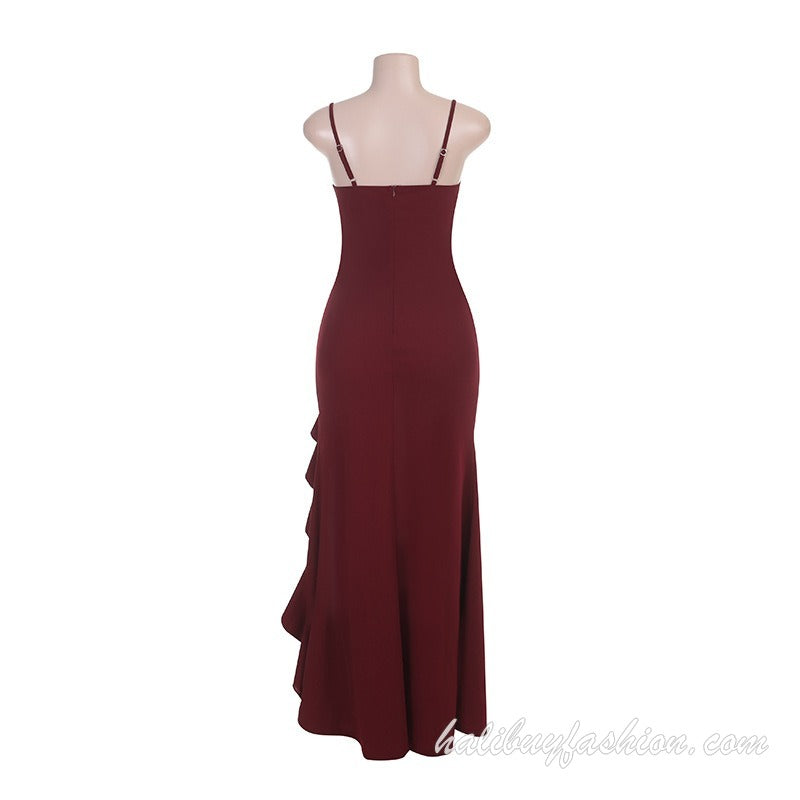 Spaghetti strap ruffle high slit backless satin cami maxi dress - Halibuy - 13