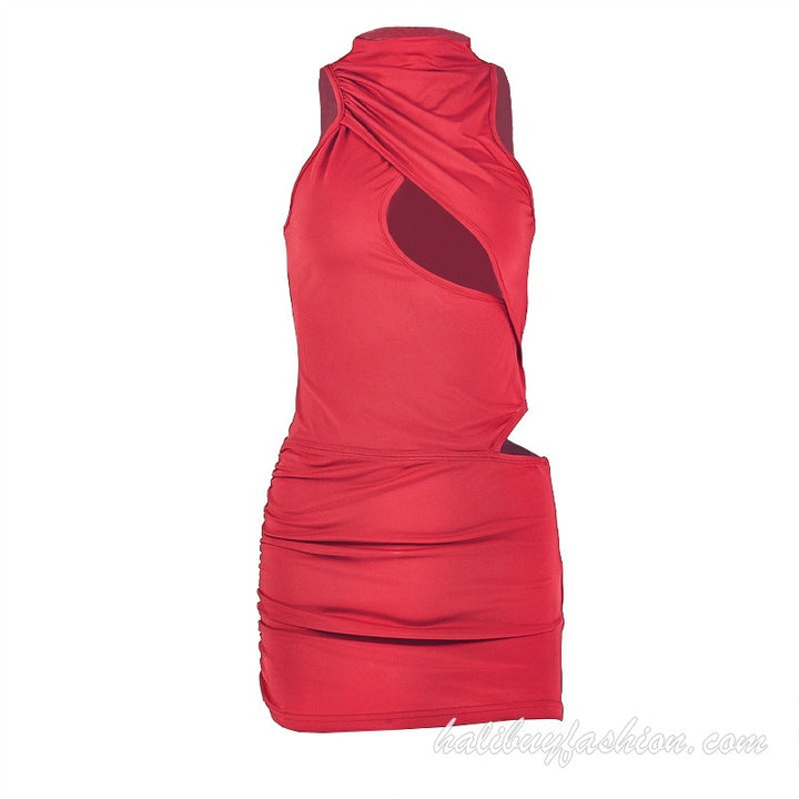 Sleeveless high neck cut out ruched solid mini dress - Halibuy - 13