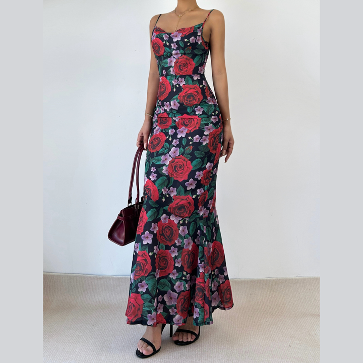 Cowl neck flower print zip-up contrast backless cami maxi dress  | Festival Outfits Women
