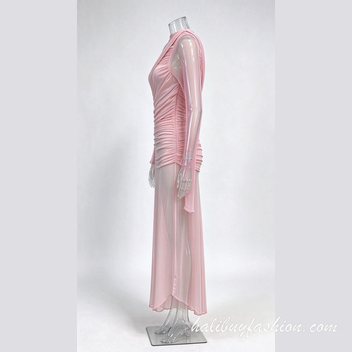 High neck long sleeve ruched mesh patchwork solid maxi dress - Halibuy - 13