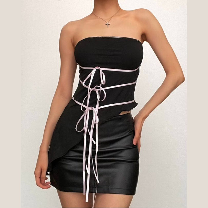 Bowknot ribbon ruffle backless irregular tube top  | Festival Outfits Women