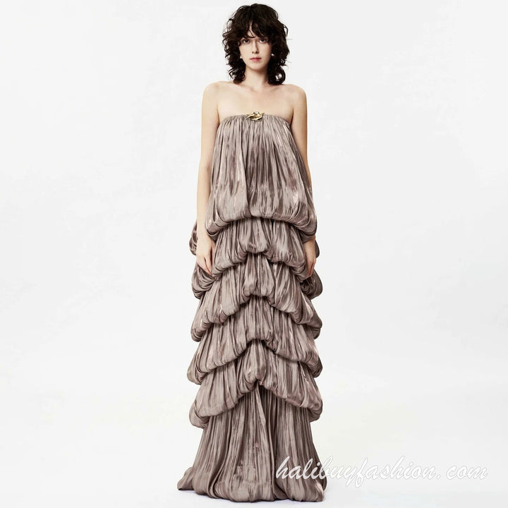 Metallic ruffle pleated backless solid tube maxi dress - Halibuy - 13