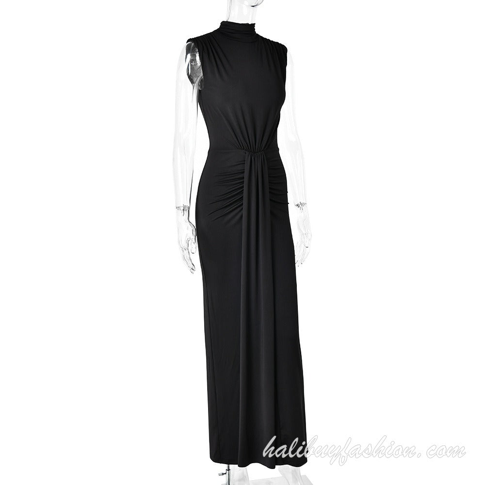 High neck sleeveless ruched solid high slit maxi dress - Halibuy - 13