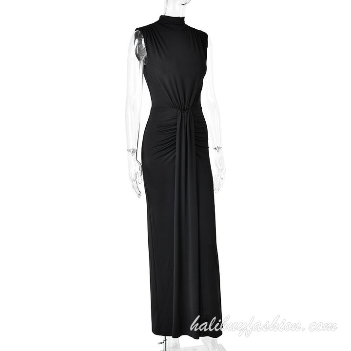 High neck sleeveless ruched solid high slit maxi dress - Halibuy - 13