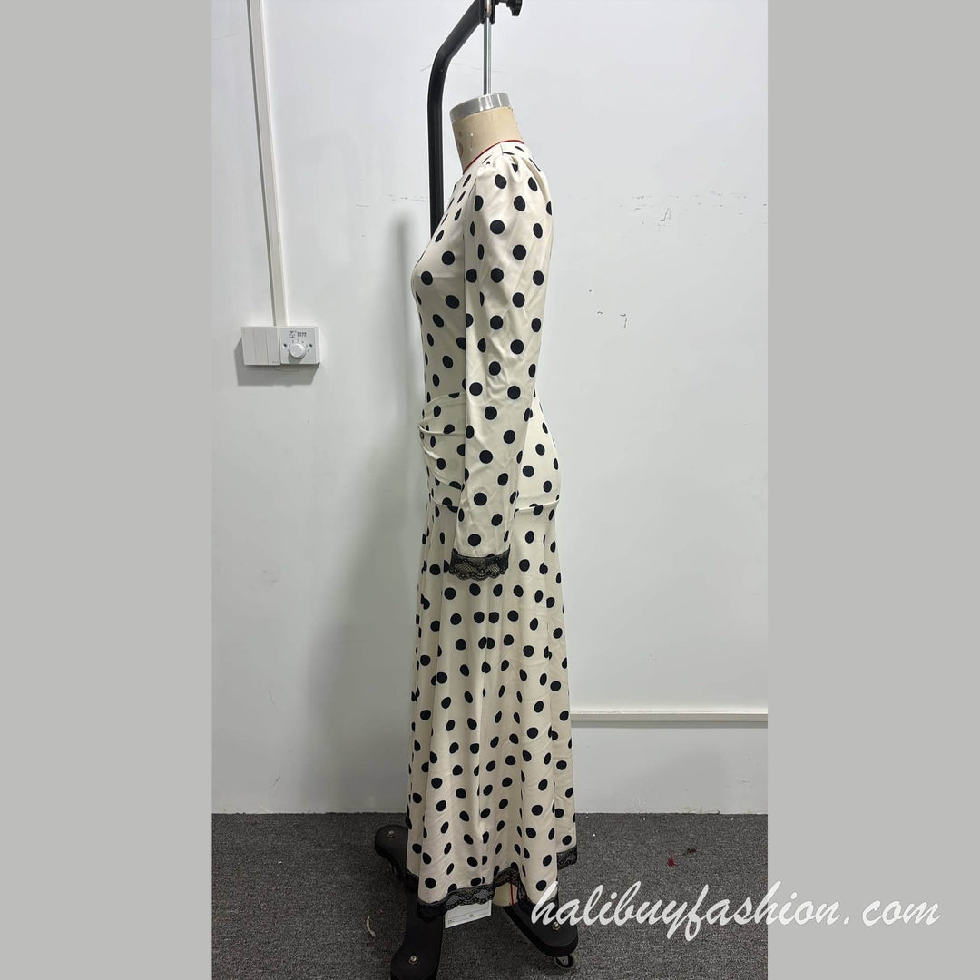 Polka dot long sleeve round neck ruched lace hem maxi dress - Halibuy - 13