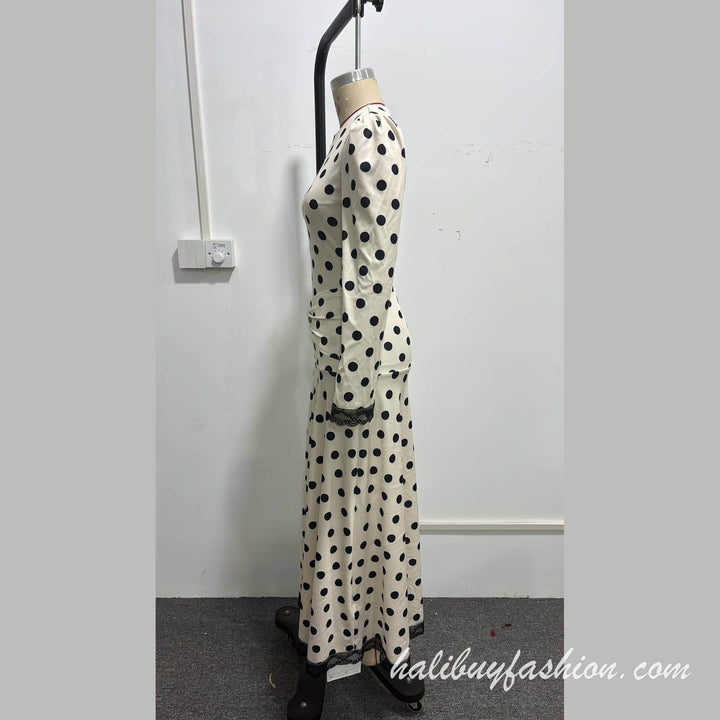 Polka dot long sleeve round neck ruched lace hem maxi dress - Halibuy - 13