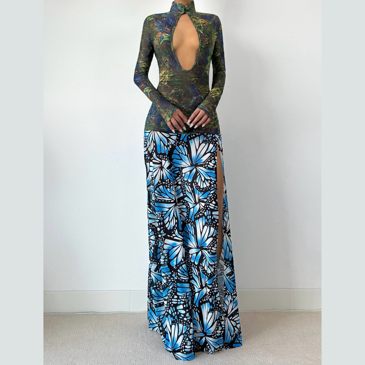 High neck long sleeve print slit mesh maxi dress  | Festival Outfits Women