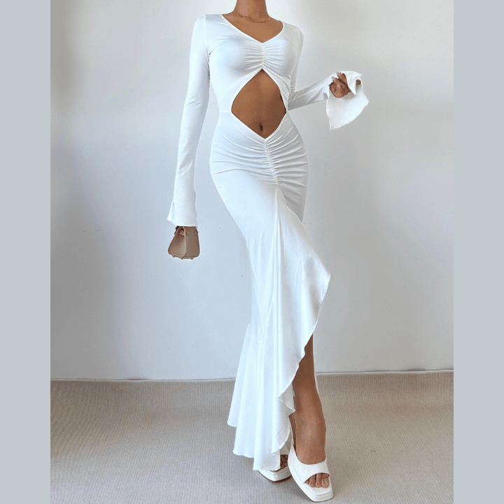 Long sleeve hollow out ruched v neck cut out maxi dress  | Festival Outfits Women-final-sale