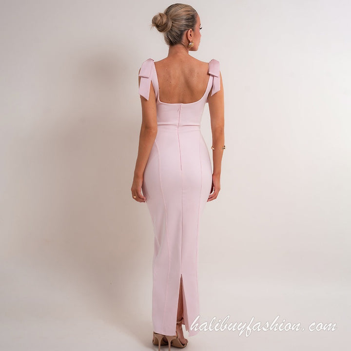 Satin cowl neck sleeveless backless bowknot high slit maxi dress - Halibuy - 13