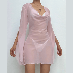 Cowl neck long sleeve backless chiffon mini dress  | Festival Outfits Women