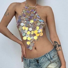 O ring glitter halter metal chain backless top  | Festival Outfits Women