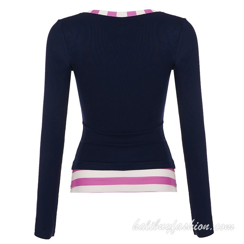 Long sleeve deep v neck cross front striped ruched knitted top - Halibuy - 13