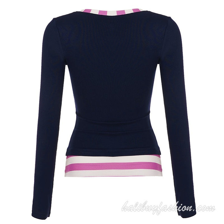 Long sleeve deep v neck cross front striped ruched knitted top - Halibuy - 13