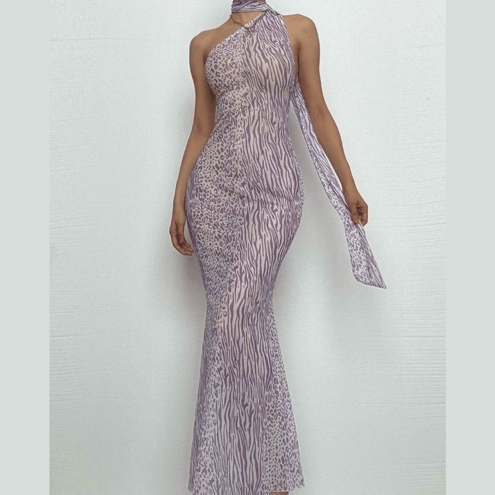 Halter one shoulder leopard print sheer mesh maxi dress  | Festival Outfits Women