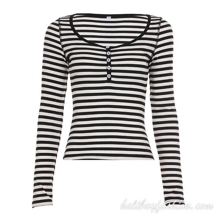 Long sleeve striped knitted v neck button top - Halibuy - 13