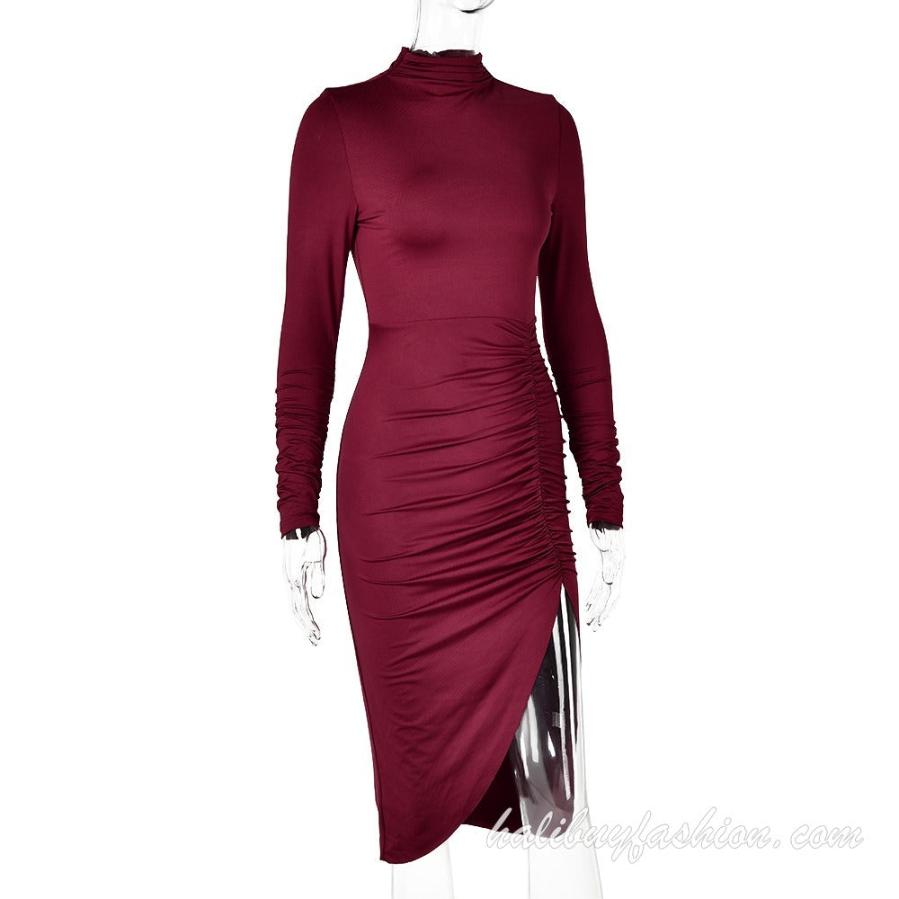 High neck long sleeve solid ruched high slit midi dress - Halibuy - 13