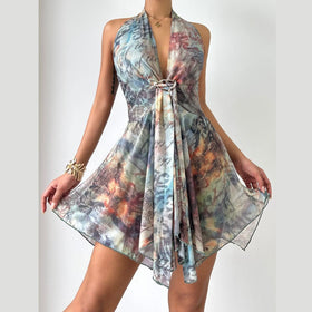 Halter v neck mesh contrast ruffle mini dress  | Festival Outfits Women