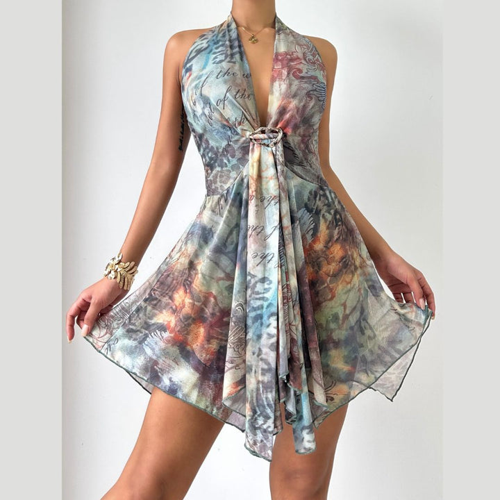 Halter v neck mesh contrast ruffle mini dress  | Festival Outfits Women