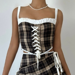 Plaid lace up zip-up cami top  | Festival Outfits Women-final-sale