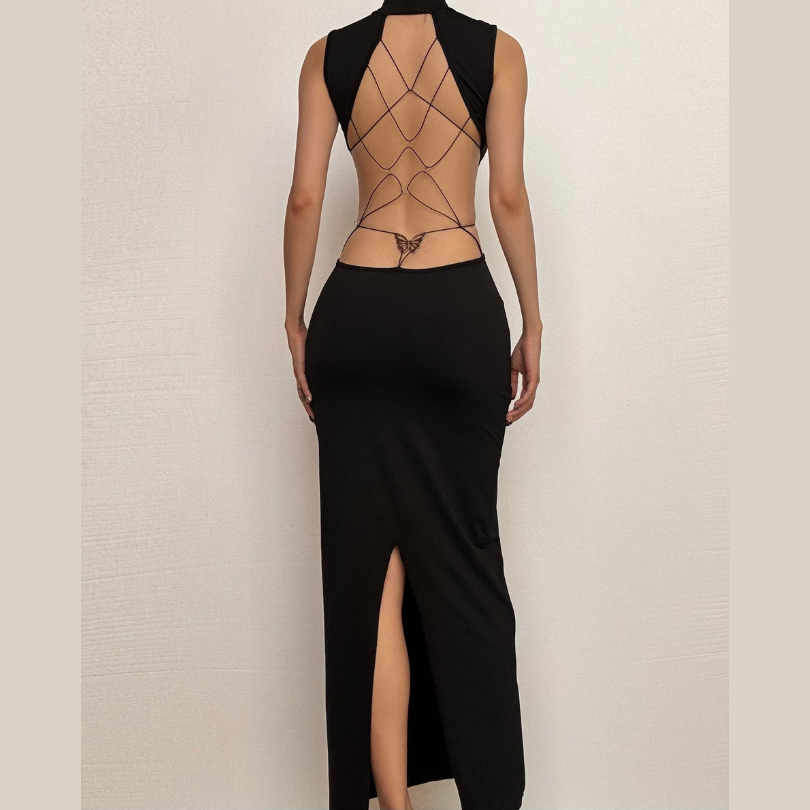 High neck o ring butterfly applique backless slit midi dress | Festiva Halibuy High neck o ring butterfly applique backless slit midi dress | Festiva Halibuy