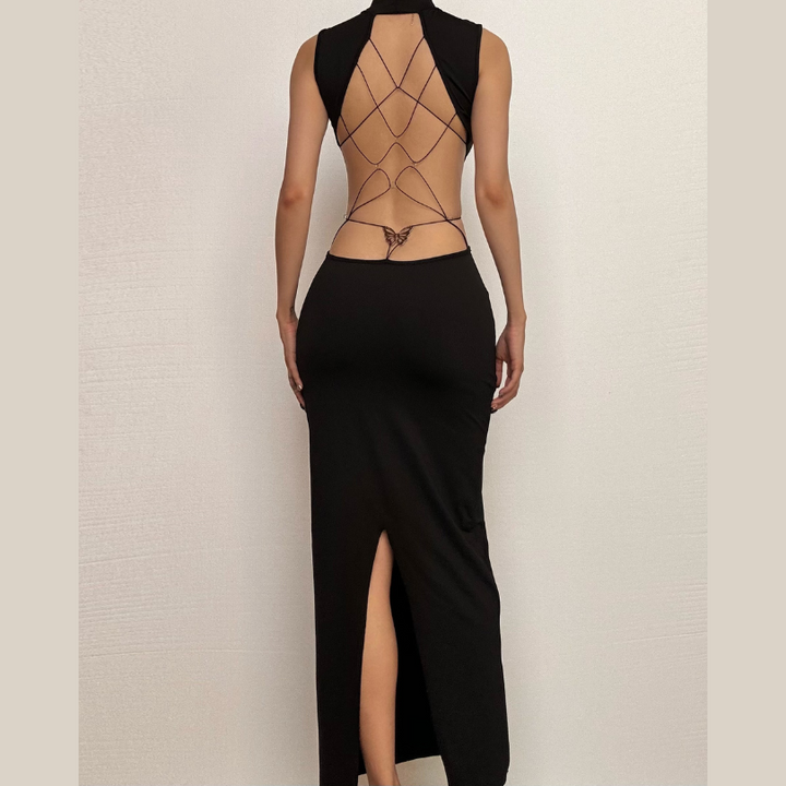 High neck o ring butterfly applique backless slit midi dress  | Festival Outfits Women