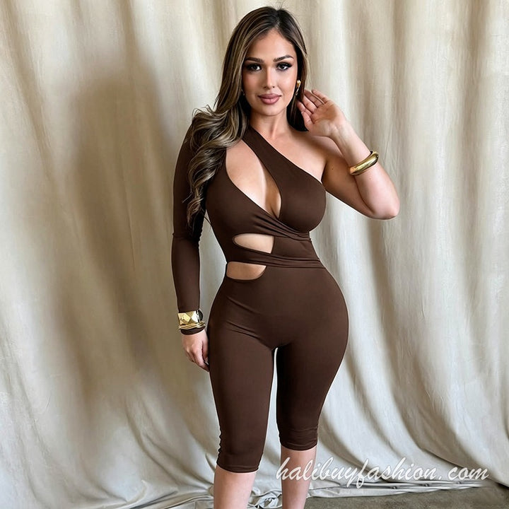 One shoulder long sleeve hollow out solid jumpsuit - Halibuy - 13