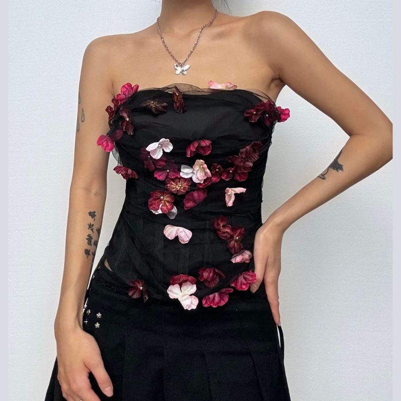 Flower applique backless corset tube top  | Festival Outfits Women