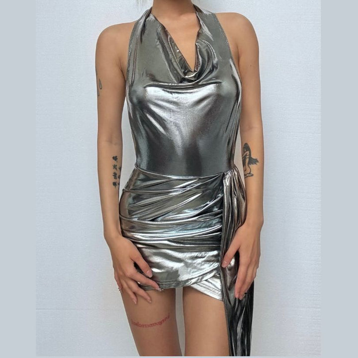 Halter ruched cowl neck metallic button mini dress  | Festival Outfits Women-final-sale