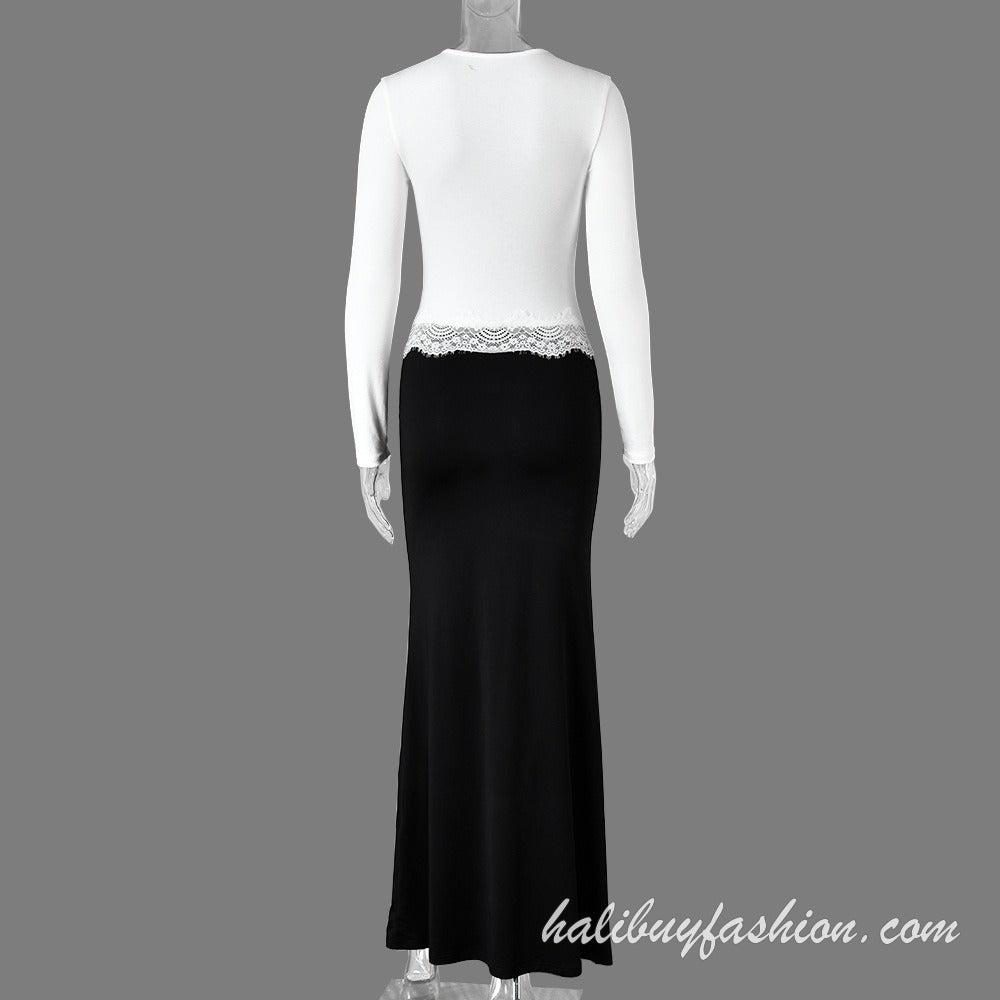 Long sleeve round neck knitted hollow out lace hem patchwork maxi dress - Halibuy - 13