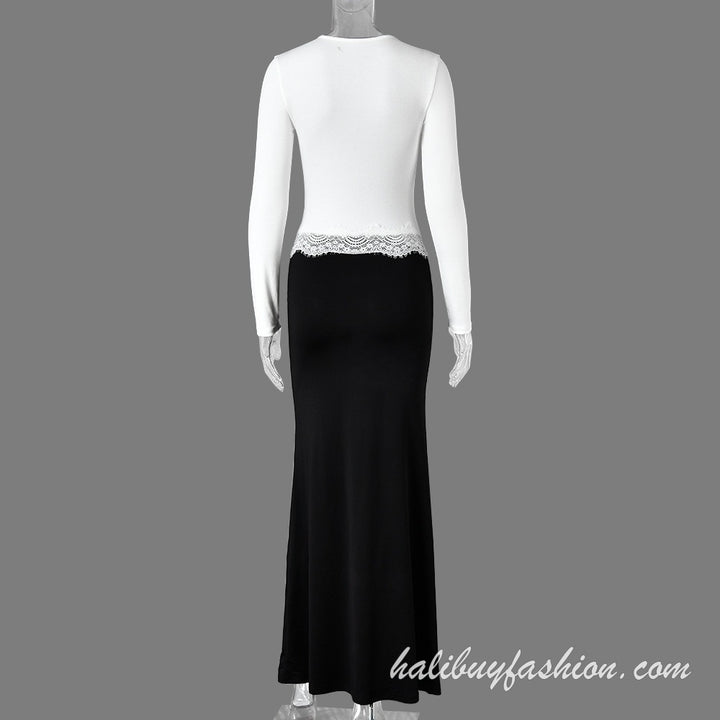 Long sleeve round neck knitted hollow out lace hem patchwork maxi dress - Halibuy - 13