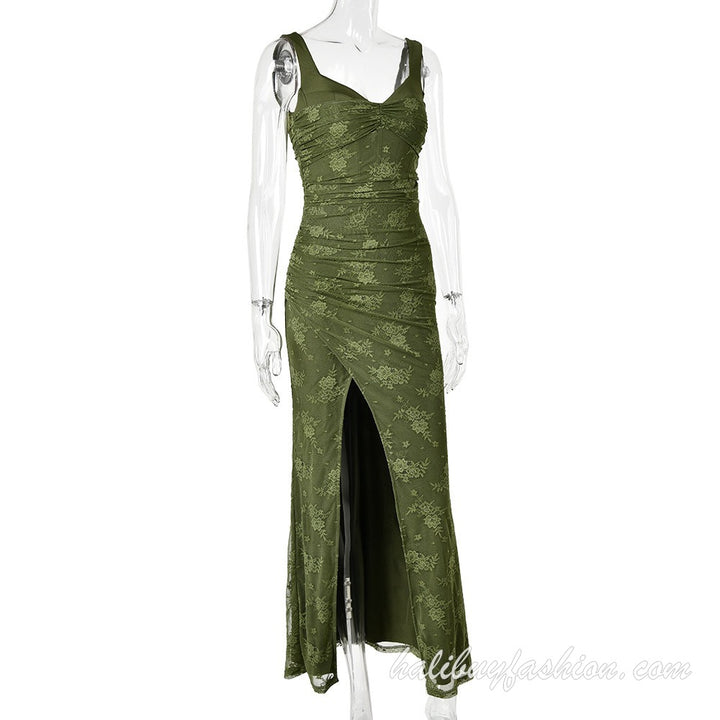 Spaghetti strap low cut high slit ruched metallic sleeveless cami maxi dress - Halibuy - 13