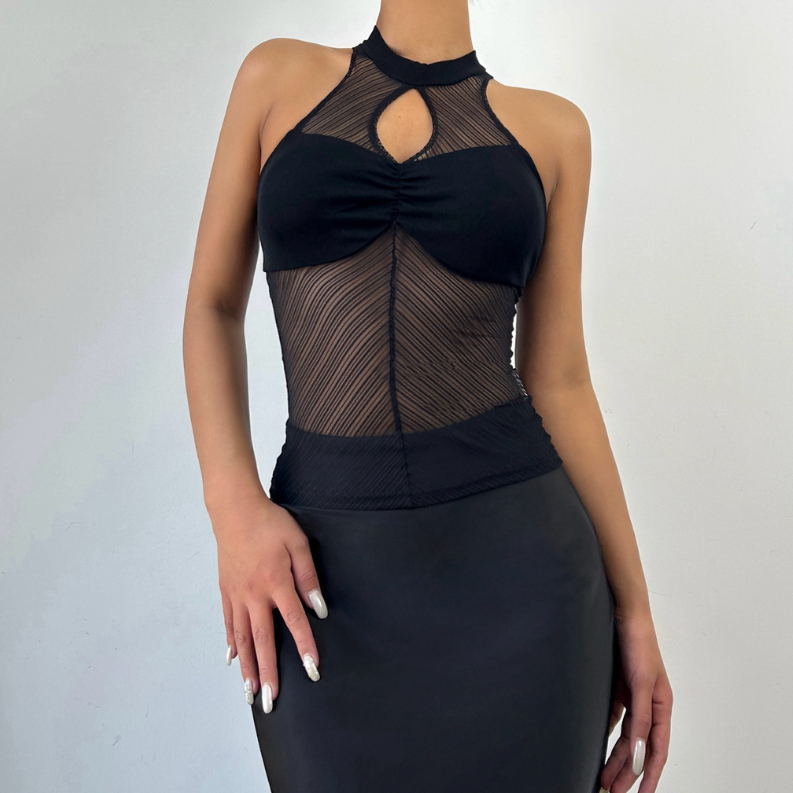 High neck ruched hollow out mesh zip-up tank cut out top  | Festival Outfits Women