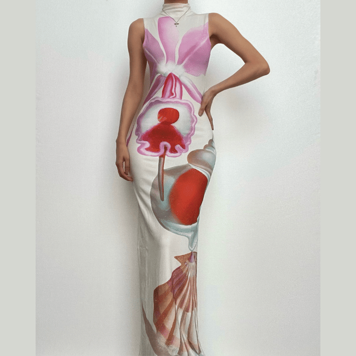 Abstract contrast print high neck sleeveless slit maxi dress-final-sale  | Festival Outfits Women