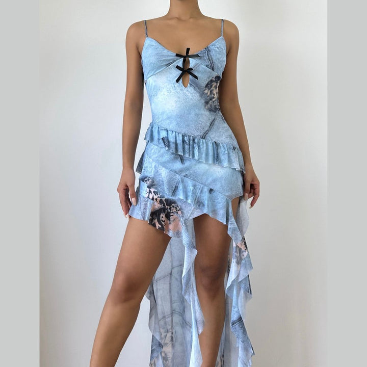 Bowknot hollow out v neck print cami cut out mini dress  | Festival Outfits Women