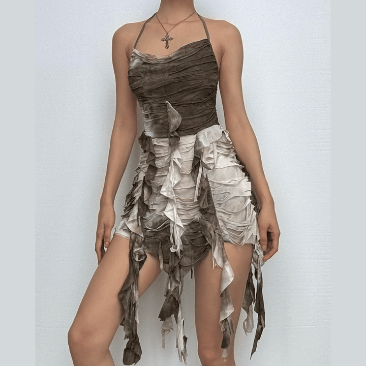 Halter tie dye ruffle backless cami mini dress  | Festival Outfits Women