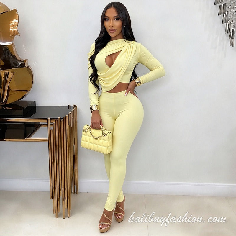 Long sleeve solid hollow out ruched knitted pant set - Halibuy - 13