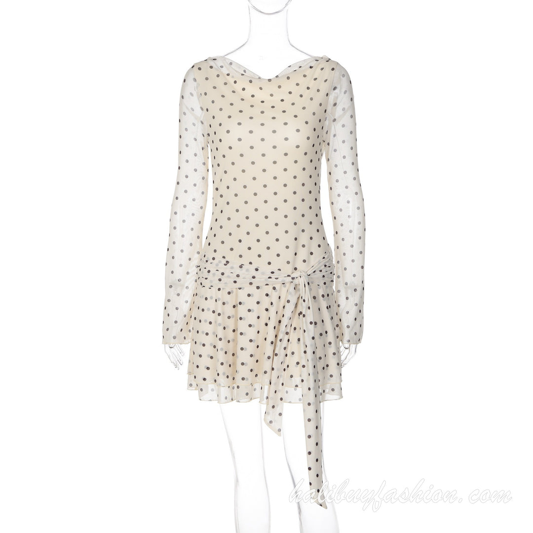 Long flared sleeve polka dot print sheer mesh backless ruffle mini dress - Halibuy - 13