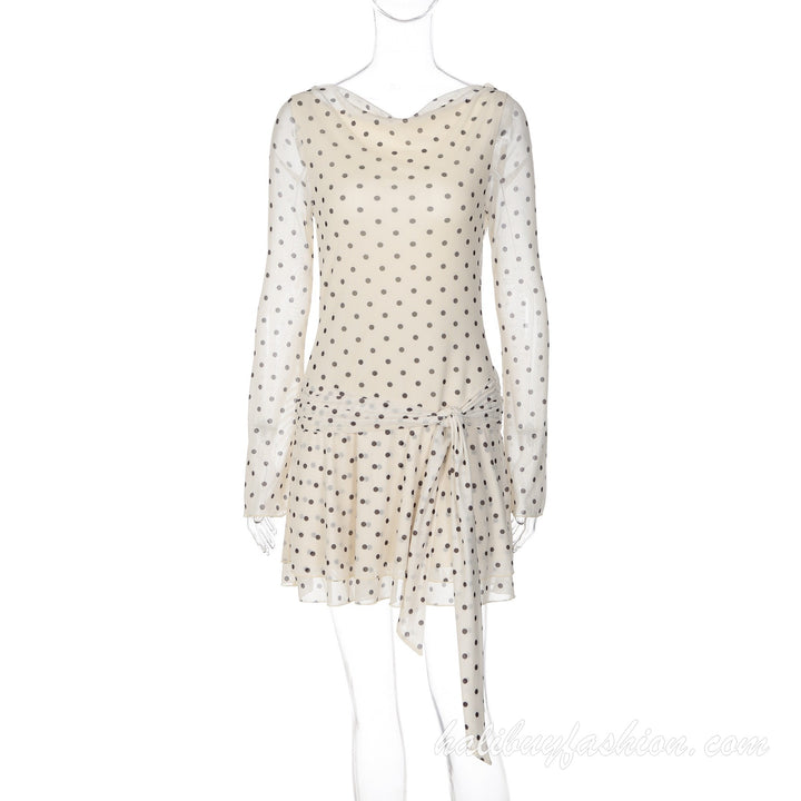 Long flared sleeve polka dot print sheer mesh backless ruffle mini dress - Halibuy - 13