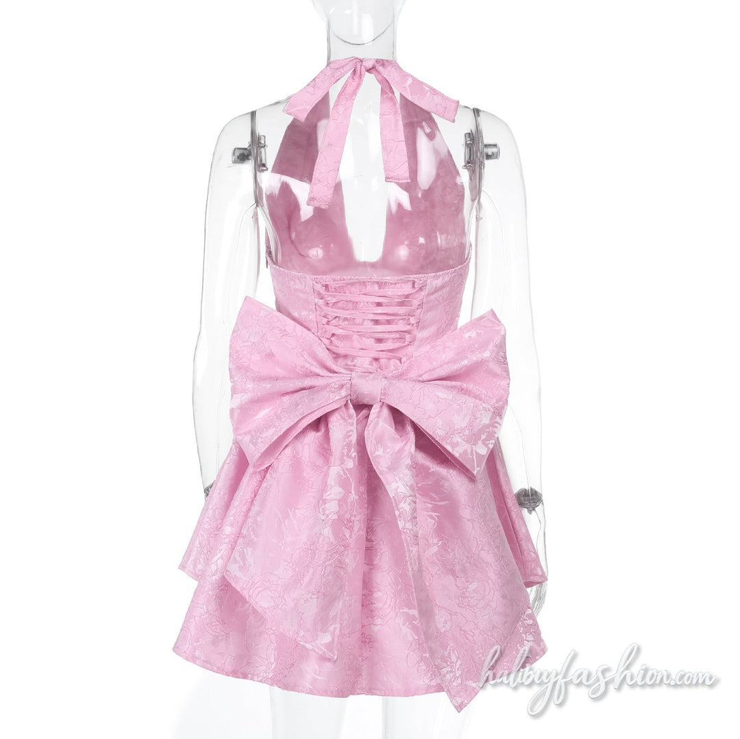Halter self tie bowknot v neck print mini dress