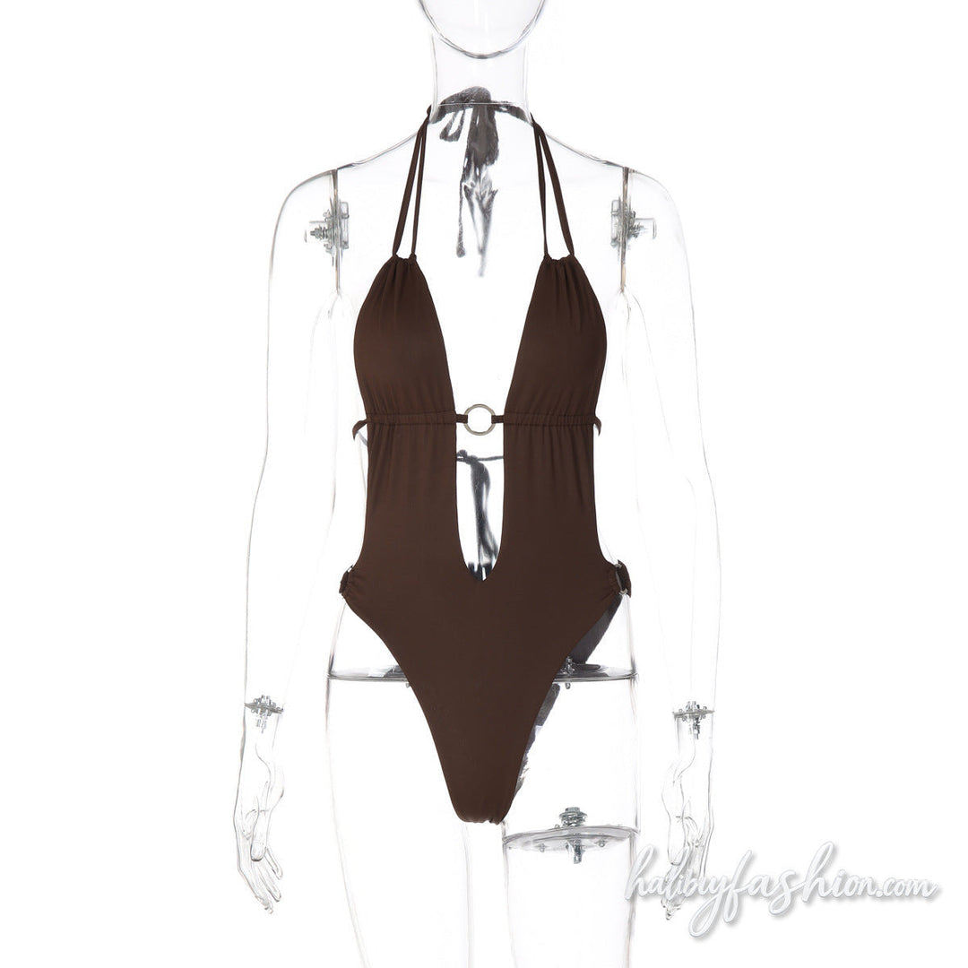 Halter self tie o ring hollow out backless bodysuit - Halibuy - 2