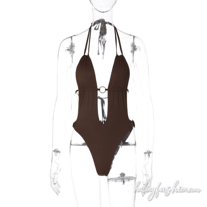 Halter self tie o ring hollow out backless bodysuit - Halibuy - 2