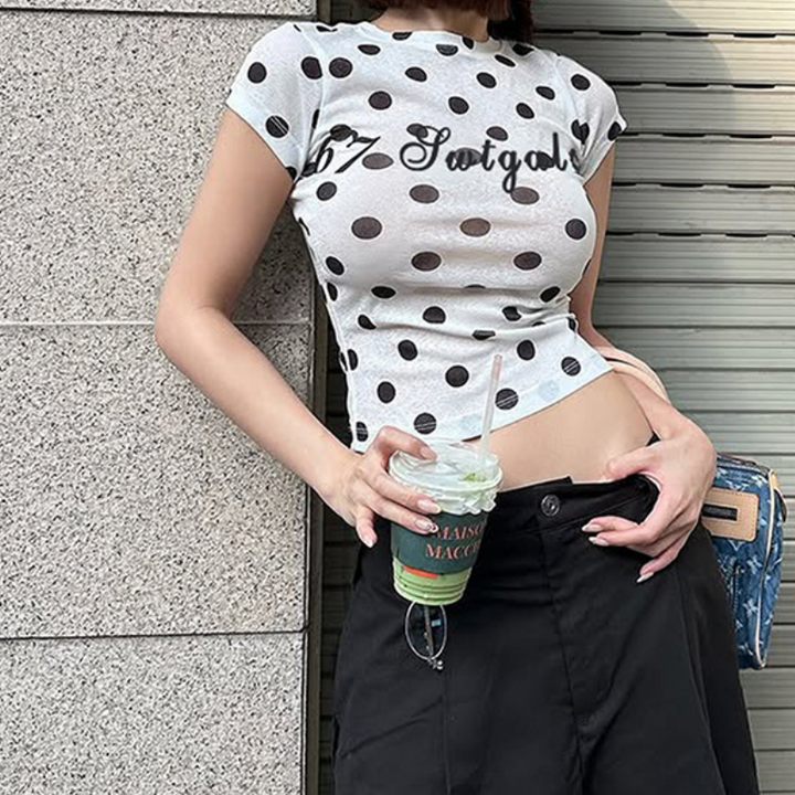 Polka dot letter crewneck short sleeve top  | Festival Outfits Women
