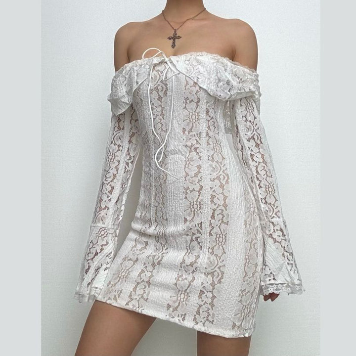 Long flared sleeve off shoulder lace mini dress  | Festival Outfits Women