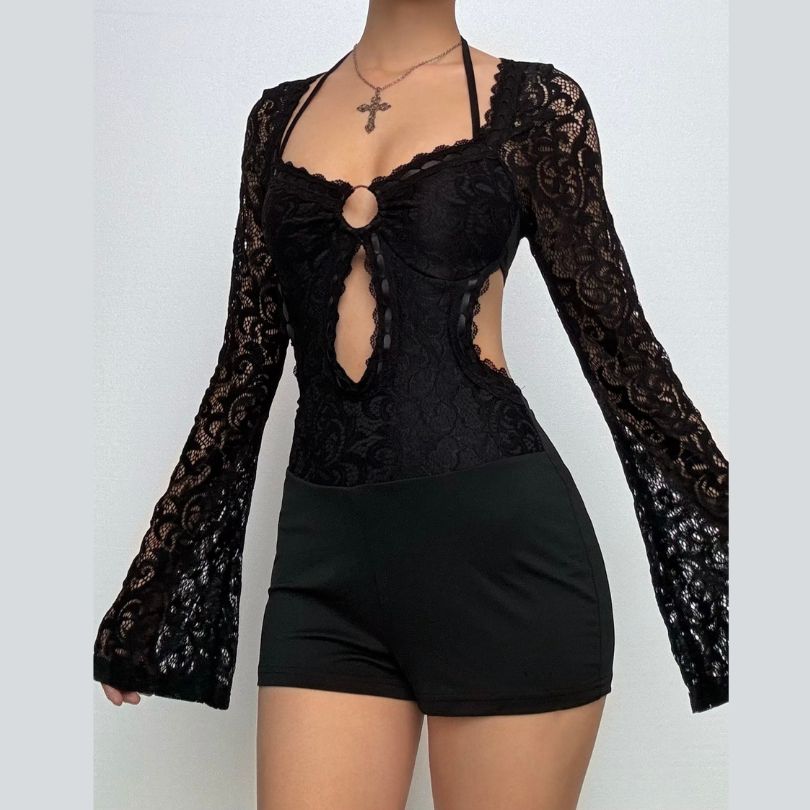 Long sleeve halter self tie lace hollow out romper  | Festival Outfits Women