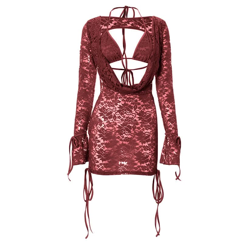 Long sleeve lace hollow out self tie 2 piece mini skirt set  | Festival Outfits Women
